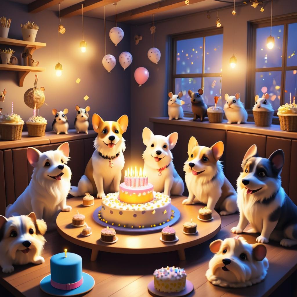 Dog's Cozy Birthday Party with Mice