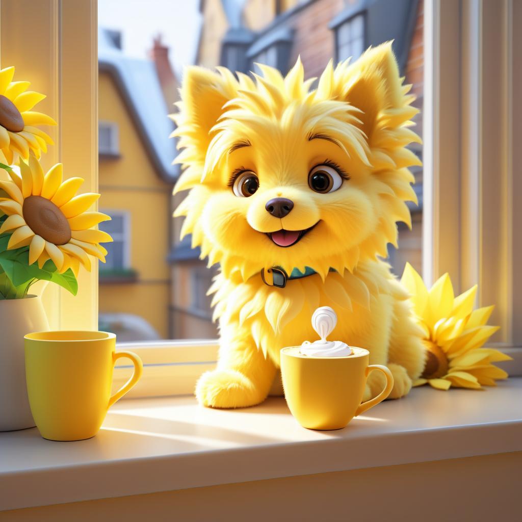 Cozy Cartoon Puppy with Sunflowers