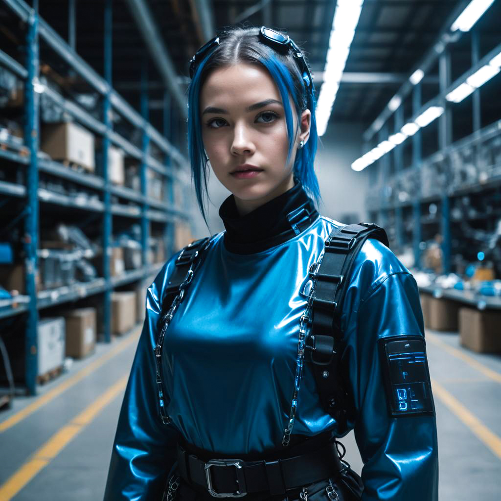 Cyberpunk Hacker in High-Tech Warehouse