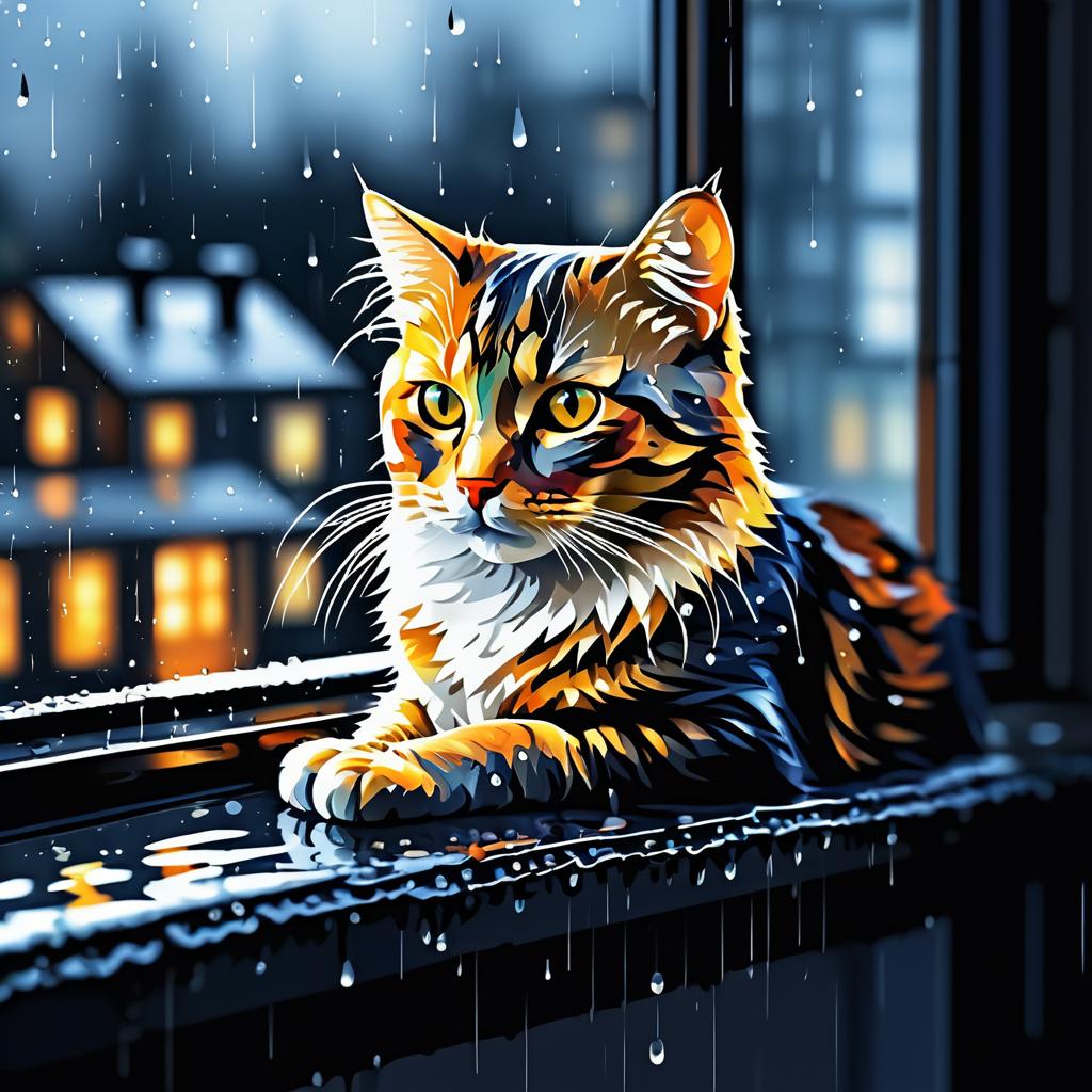 Rainy Day Cat on Windowsill Close-Up