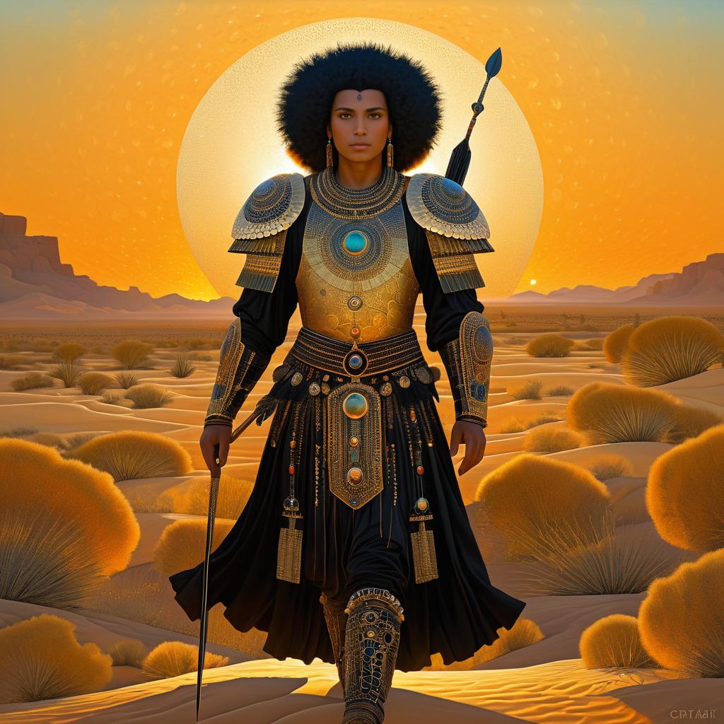 Elegant Ancient Warrior in Sunset Desert