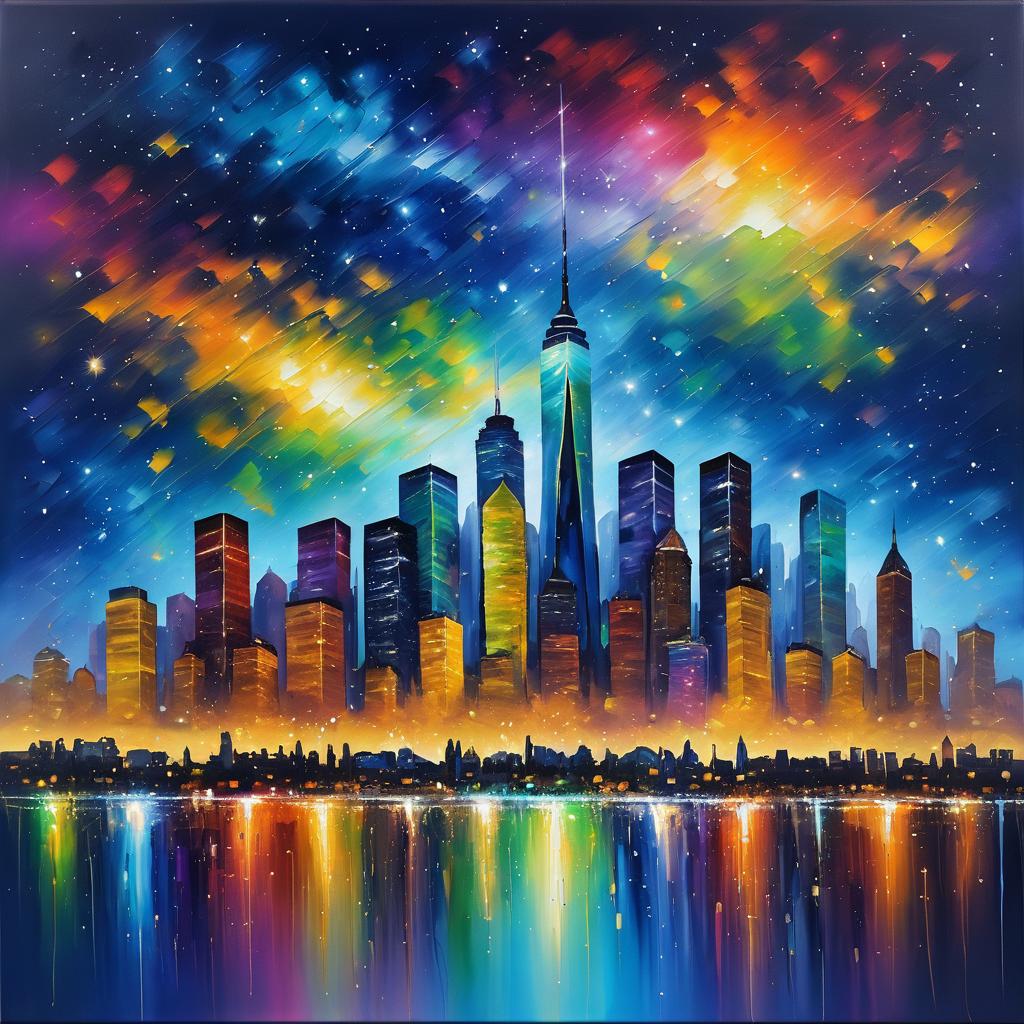 Vibrant Starry City Skyline in Oil