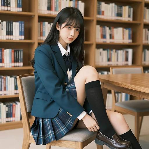 Stylish Asian Girl in Cozy Library