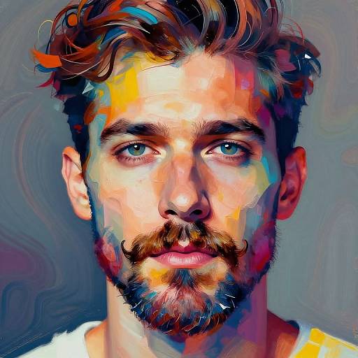 Digital portrait of a bearded man with curly brown hair, vibrant multicolored abstract background, and intense blue eyes, wearing a white shirt.