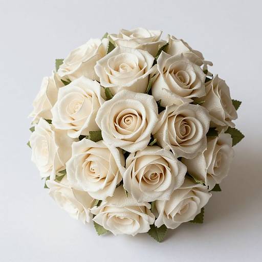 Photograph of a tightly arranged bouquet of creamy white roses with soft petals, green leaves partially visible, against a white background.
