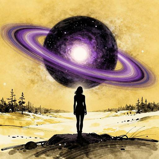 Silhouetted figure stands on snowy landscape, gazing at glowing, purple-ringed black planet in yellow sky. Digital art with bold, surreal