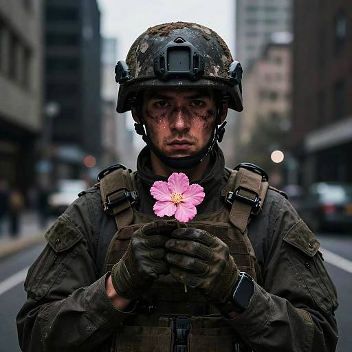 Photograph of a grim-faced, dirt-smudged soldier in dark tactical gear holding a pink flower on a blurred city street.