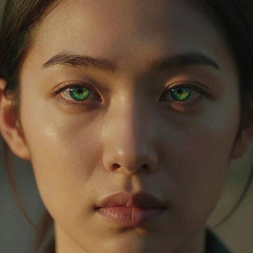 Close-up photograph of a young woman with striking green eyes, fair skin, and dark brown hair, looking intently at the camera.