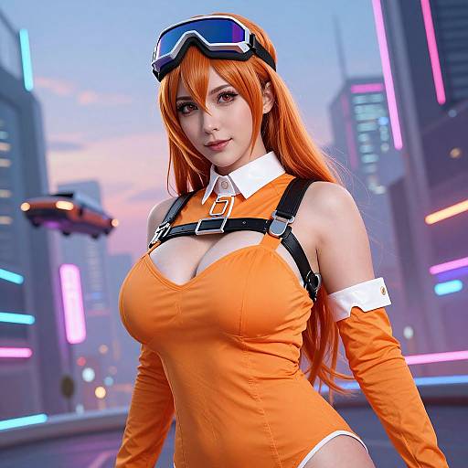 Digital art of a sexy, orange-haired woman in a futuristic, orange jumpsuit with cleavage, goggles, and black harness, standing in a neon