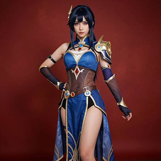 Digital cosplay of an anime-style female warrior with long black hair, blue and gold armor, and revealing outfit, against a red background.