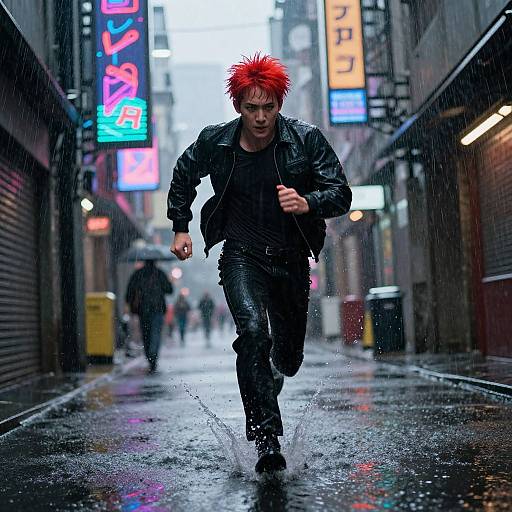 Photograph of a red-haired man in a black leather jacket and jeans, running through a rainy, neon-lit urban alley. Splashing water,