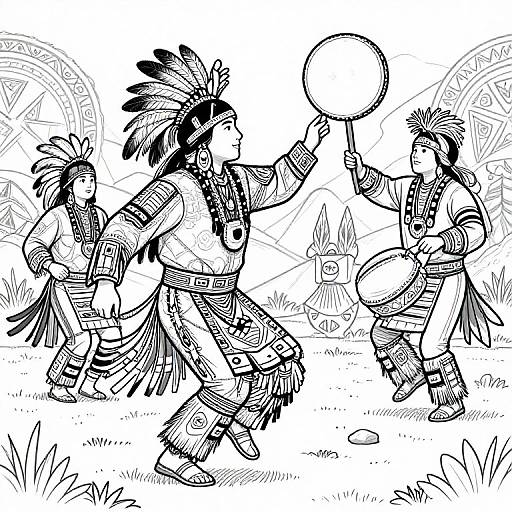 Black-and-white line drawing of Native American warriors in elaborate feathered headdresses, traditional clothing, and armor, engaging in a ritual with a drum and