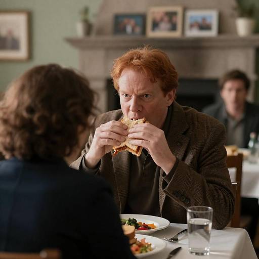 Dynamic Scene with Sandwich and Stone Fireplace