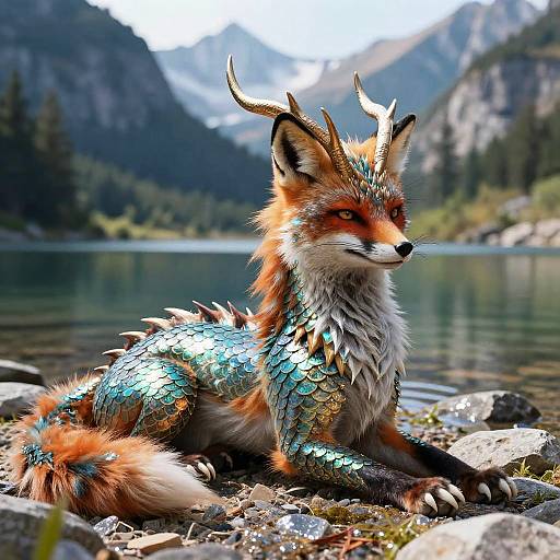 Photograph of a mythical fox with iridescent blue scales, antlers, and fiery eyes, sitting on rocky shore by a mountain lake.