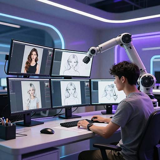 Digital artist in modern, blue-lit studio using robotic arm to draw on four monitors displaying portraits of a smiling woman.
