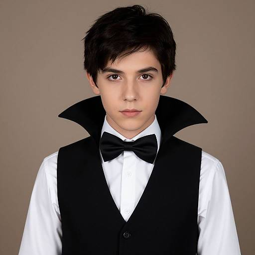 Photorealistic digital portrait of a young man with short black hair, wearing a black vest, white shirt, and black bow tie, against a plain