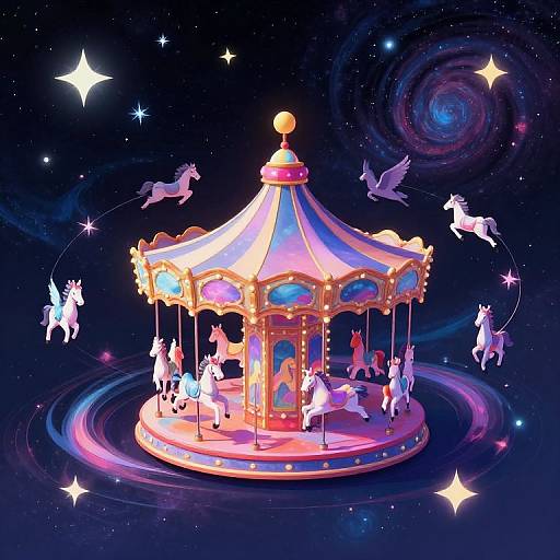 Digital illustration of a glowing, colorful carousel in space, with flying unicorns and a spiral galaxy, surrounded by bright stars.