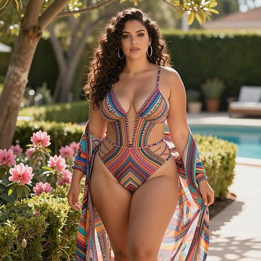 Curvy Woman in Vibrant Swimsuit Garden
