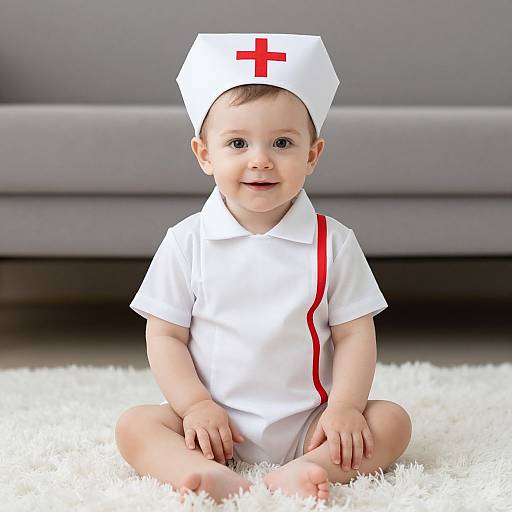 Photograph of a smiling baby with light skin, brown hair, and blue eyes, wearing a white nurse outfit and hat with a red cross, sitting
