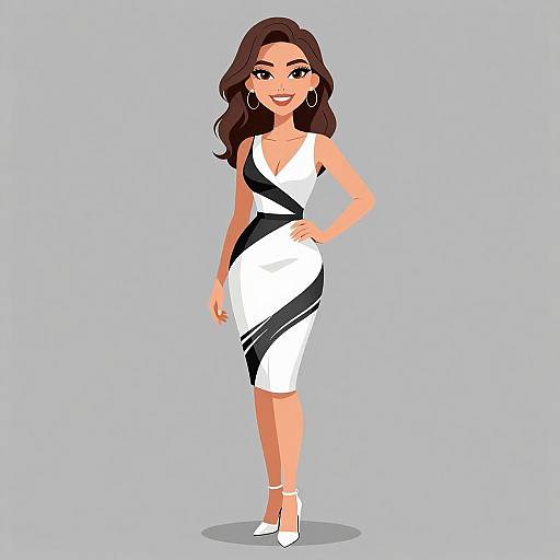 Digital illustration of a smiling woman with wavy brown hair, wearing a white dress with black diagonal stripes, white heels, and hoop earrings, standing against