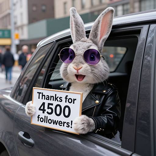 Photograph of a gray anthropomorphic rabbit with sunglasses and a leather jacket, sticking its head out of a black car window, holding a sign that reads