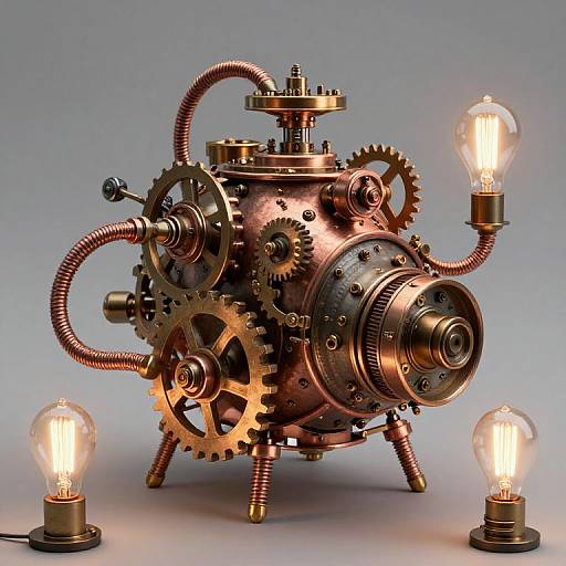 Steampunk-style mechanical lamp with copper gears, brass fittings, and three glowing light bulbs on a gray background. Photorealistic CGI.