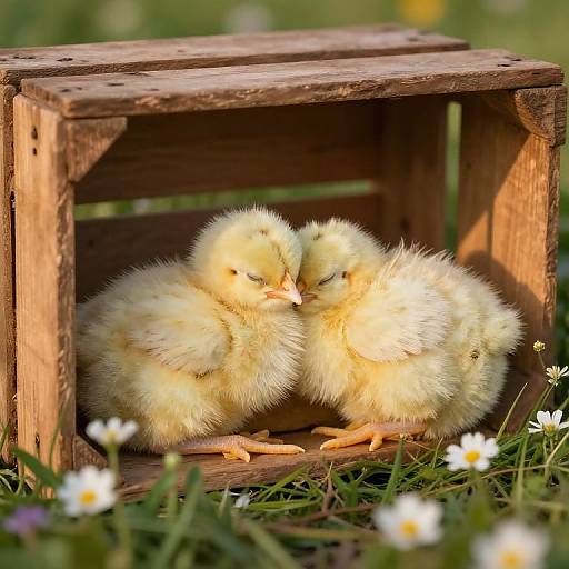 Photograph of two fluffy yellow ducklings cuddling under a rustic wooden shelter, surrounded by green grass and white daisies.
