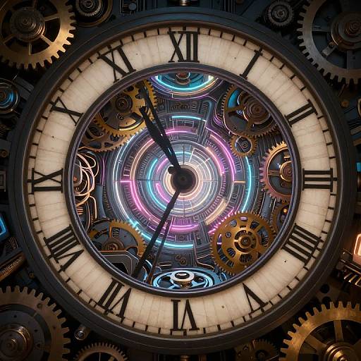 Steampunk clock with glowing neon blue and pink gears, brass cogs, Roman numerals, and intricate mechanical design. Digital CGI art.