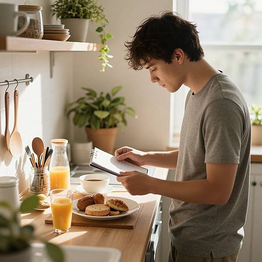 Young man with messy black hair in grey t-shirt, writing in notebook at sunlit kitchen counter, orange juice, toast, potted plants.