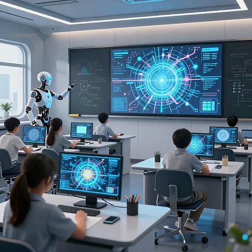 Photograph of a modern, high-tech classroom with six students and a humanoid robot, all focused on blue holographic interfaces on large screens.