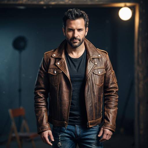 Man in Distressed Leather Jacket with Intense Stare