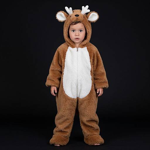 Photograph of a young Asian child standing against a black background, wearing a brown and white fuzzy reindeer onesie with antlers.