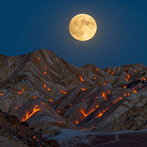 Photograph of a night sky with a bright full moon, illuminating volcanic mountains with glowing red lava flows winding through the rugged terrain.