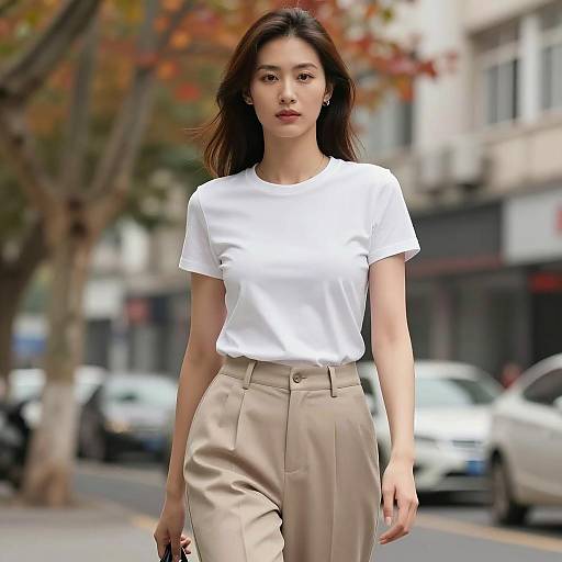 Stylish woman in white t-shirt and beige pants