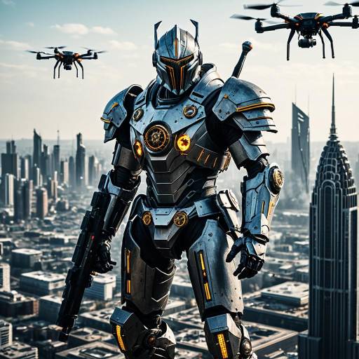 Mechanical Knight with Drones in Futuristic City