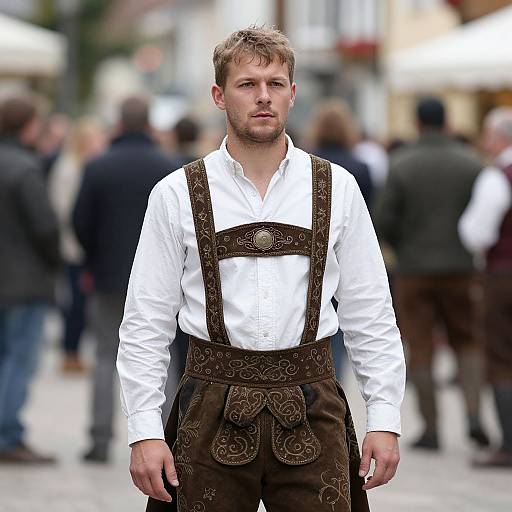 Photograph of a bearded man with short brown hair, wearing a white shirt and ornate brown leather suspenders, standing in a blurred, crowded