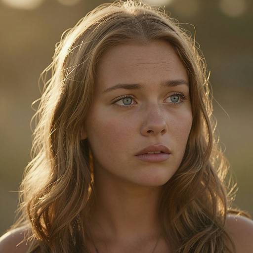 Photograph of a young woman with light brown wavy hair, blue eyes, and fair skin, bathed in warm sunlight, looking intently into