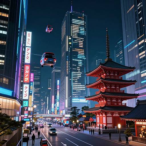 Nighttime photograph of a bustling Tokyo street with neon lights, a traditional red pagoda, and flying cars amidst modern skyscrapers.