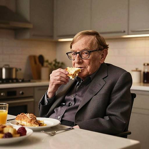 Photograph of an older man with glasses, wearing a dark blazer, eating a sandwich in a modern, well-lit kitchen.