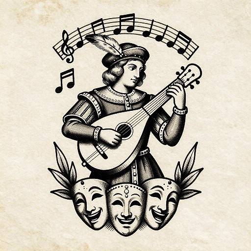 Vintage Renaissance Bard Tattoo Flash