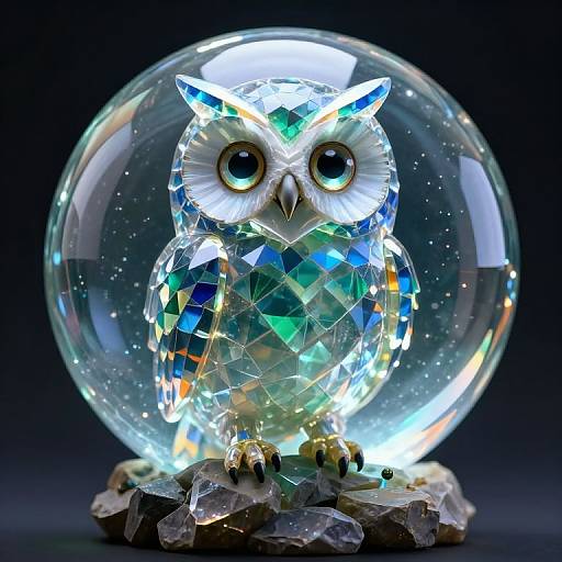 Photograph of a crystal owl with geometric facets, large blue eyes, and illuminated features, encased in a clear dome, set on a rock base