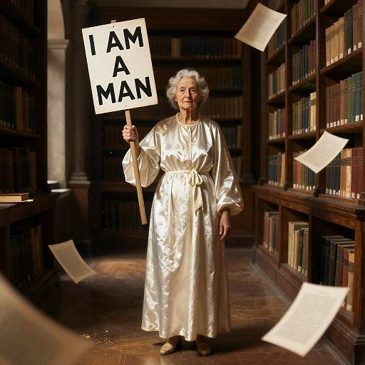 Elderly Woman in Sunlit Library Protest