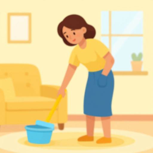 Digital illustration of a brown-haired woman in a yellow shirt and blue skirt, vacuuming a bright, sunlit living room.