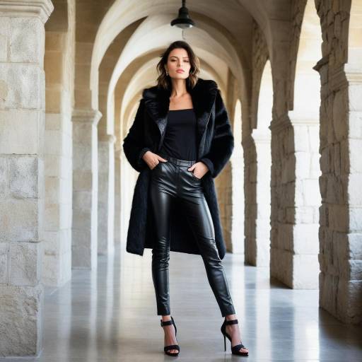 Fashionable Woman in Black Leather Pants and Fur Coat