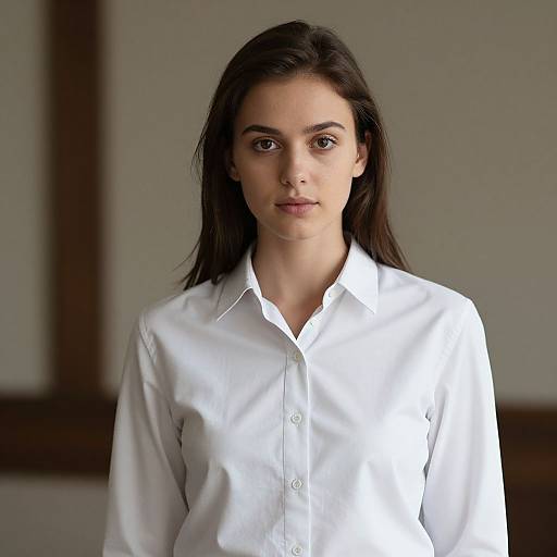 Photograph of a young woman with fair skin and dark brown hair, wearing a crisp white button-up shirt, standing in a softly lit indoor space with