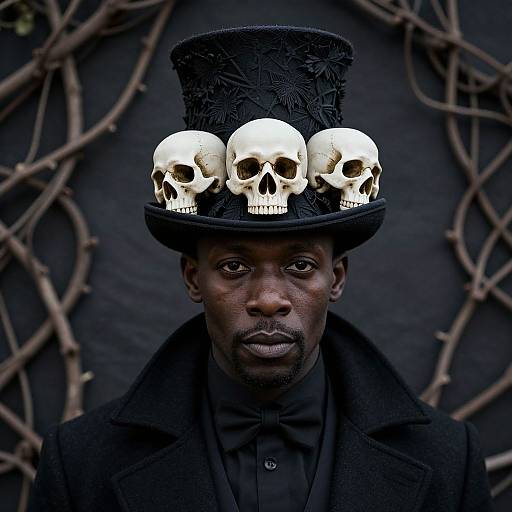 Photograph of a serious Black man in a black top hat adorned with three white skulls, dark coat, against a dark, vine-covered background.