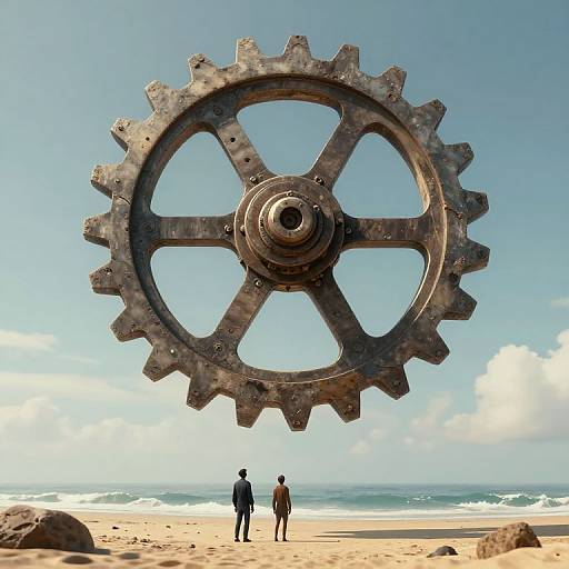 Photograph of a massive, rusted gear hovering above a sandy beach with two small figures standing below, ocean waves and clouds in the background.