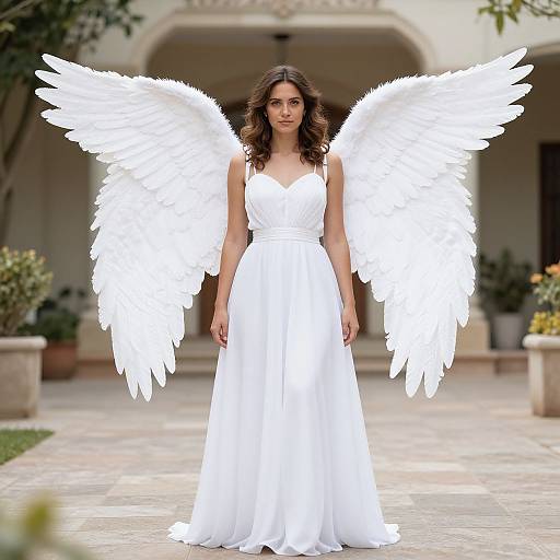Photograph of a woman with large, white angel wings, wearing a flowing white dress, standing in a sunlit courtyard.