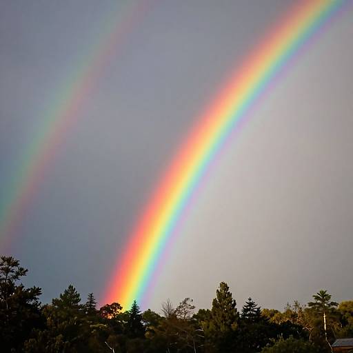 Photograph of a vibrant rainbow arching over a forest of trees with silhouetted branches, against a clear, light blue sky.