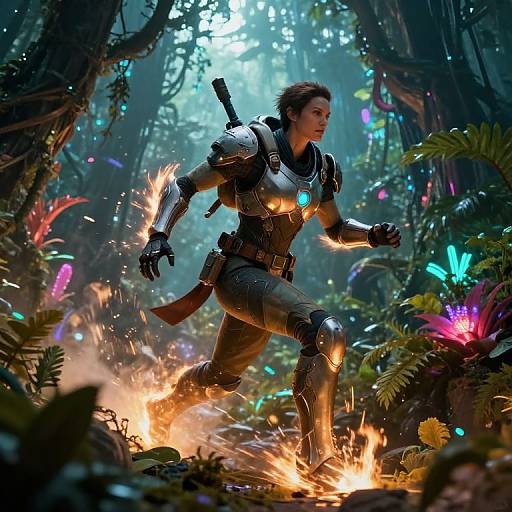 Futuristic Warrior Running Through Alien Jungle